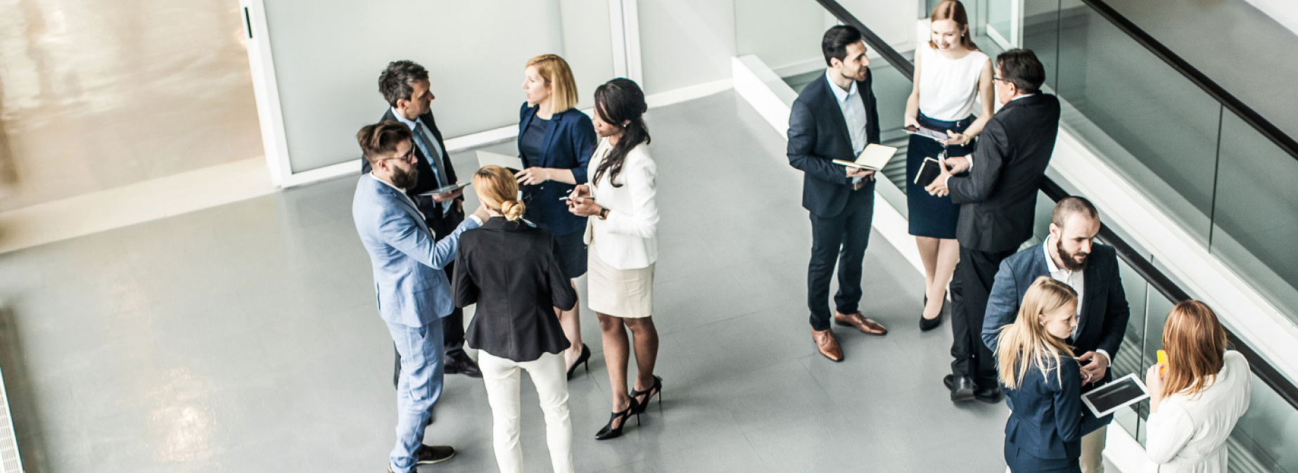 birds-eye perspective, group of people in business clothing discussing in an antechamber